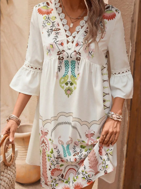 Lace Detail Printed Three-Quarter Sleeve Dress - product image 3
