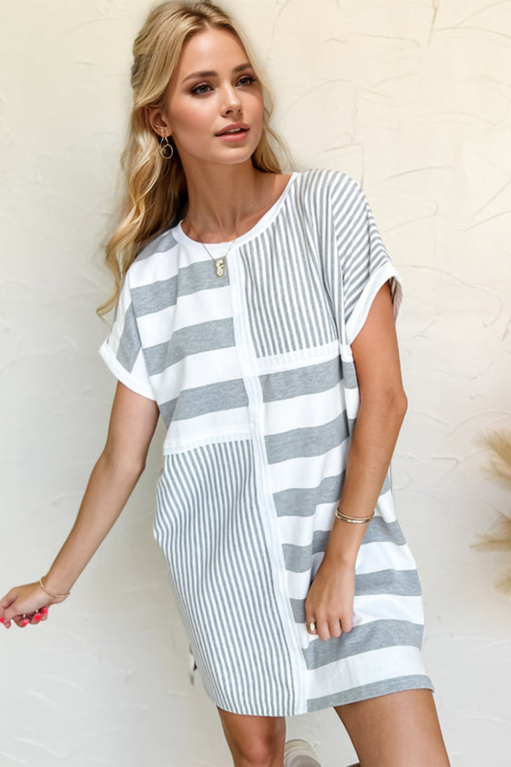 Oh Full Size Striped Round Neck Short Sleeve Mini Tee Dress