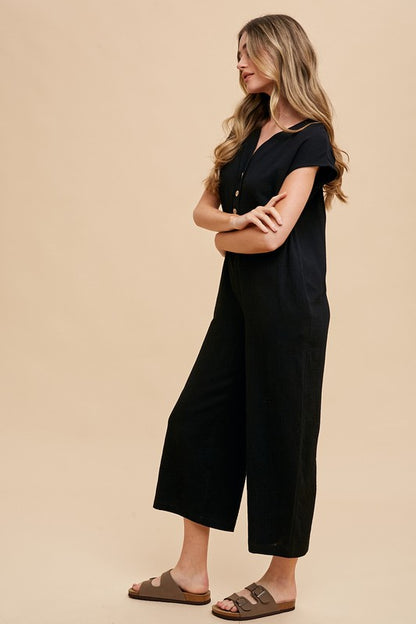 Annie Wear Button Detail Wide Leg Jumpsuit with Pockets