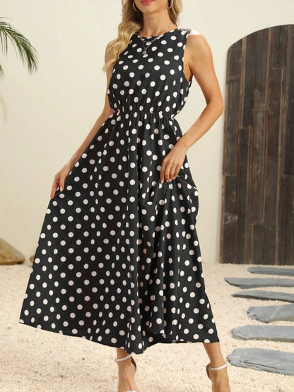 Polka Dot Round Neck Sleeveless Midi Dress view 4 - Shopiebay