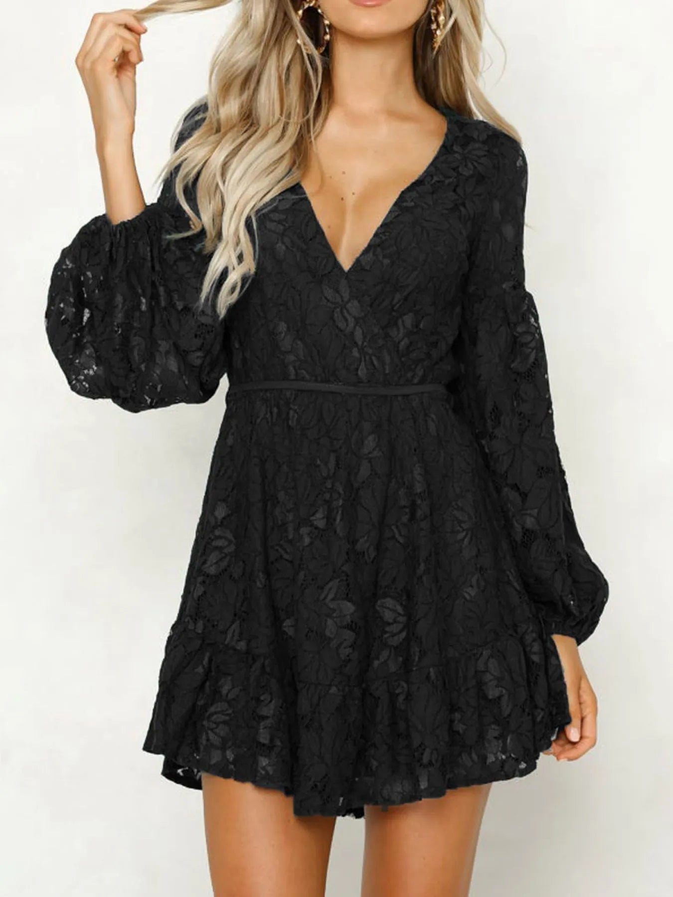 Lace V-Neck Long Sleeve Mini Dress view 8 - Shopiebay
