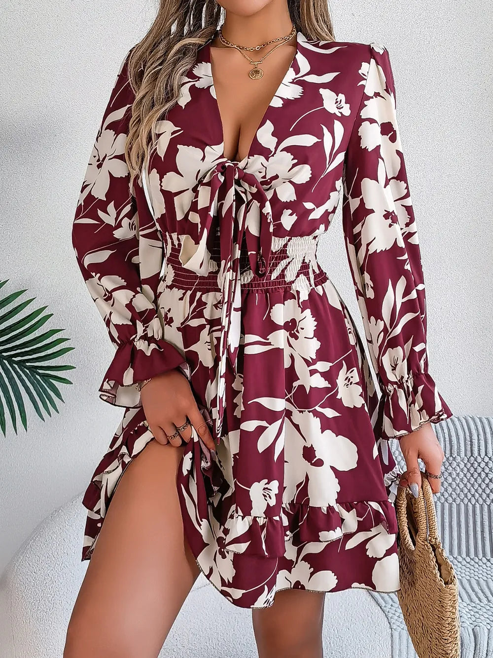 Tied Ruffled Printed Long Sleeve Dress - product image 6