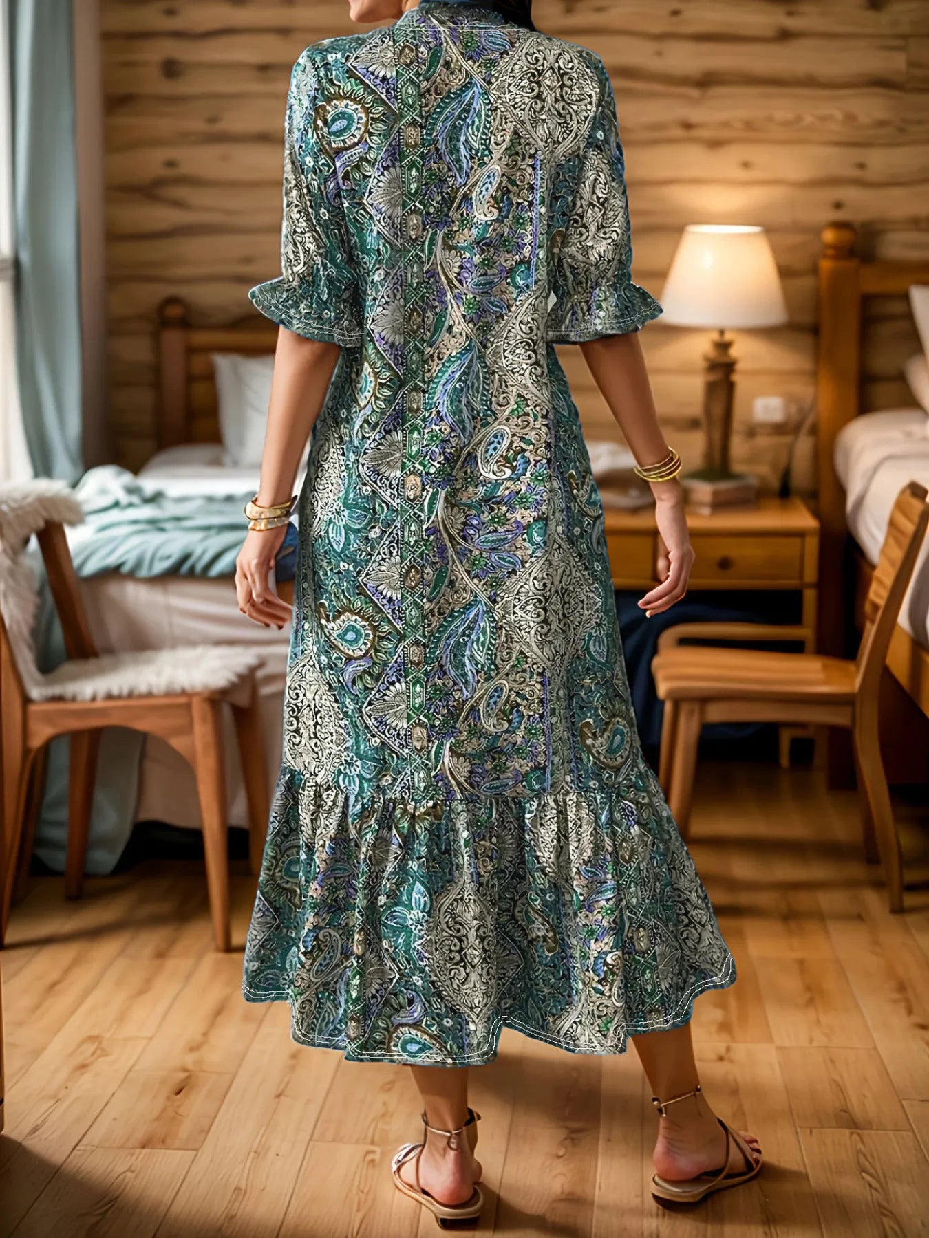 Bohemian Paisley Print Ruffle Hem Midi Dress Secondary image