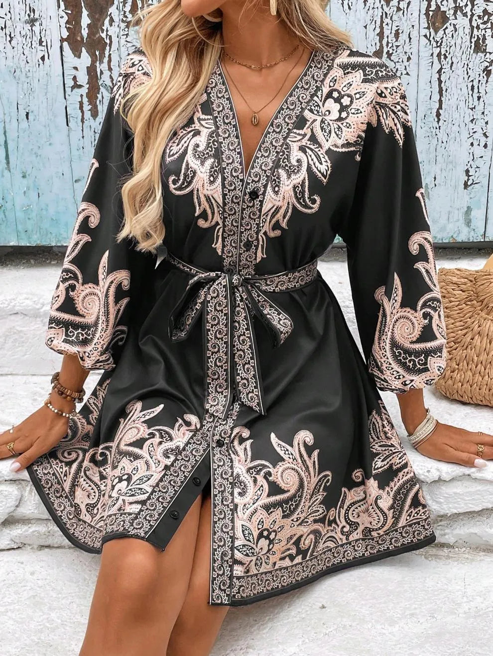 Paisley V-Neck 3/4 Sleeve Mini Dress - product image 17