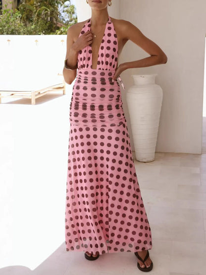 Polka Dot Halter Ruched Maxi Dress view 8 - Shopiebay