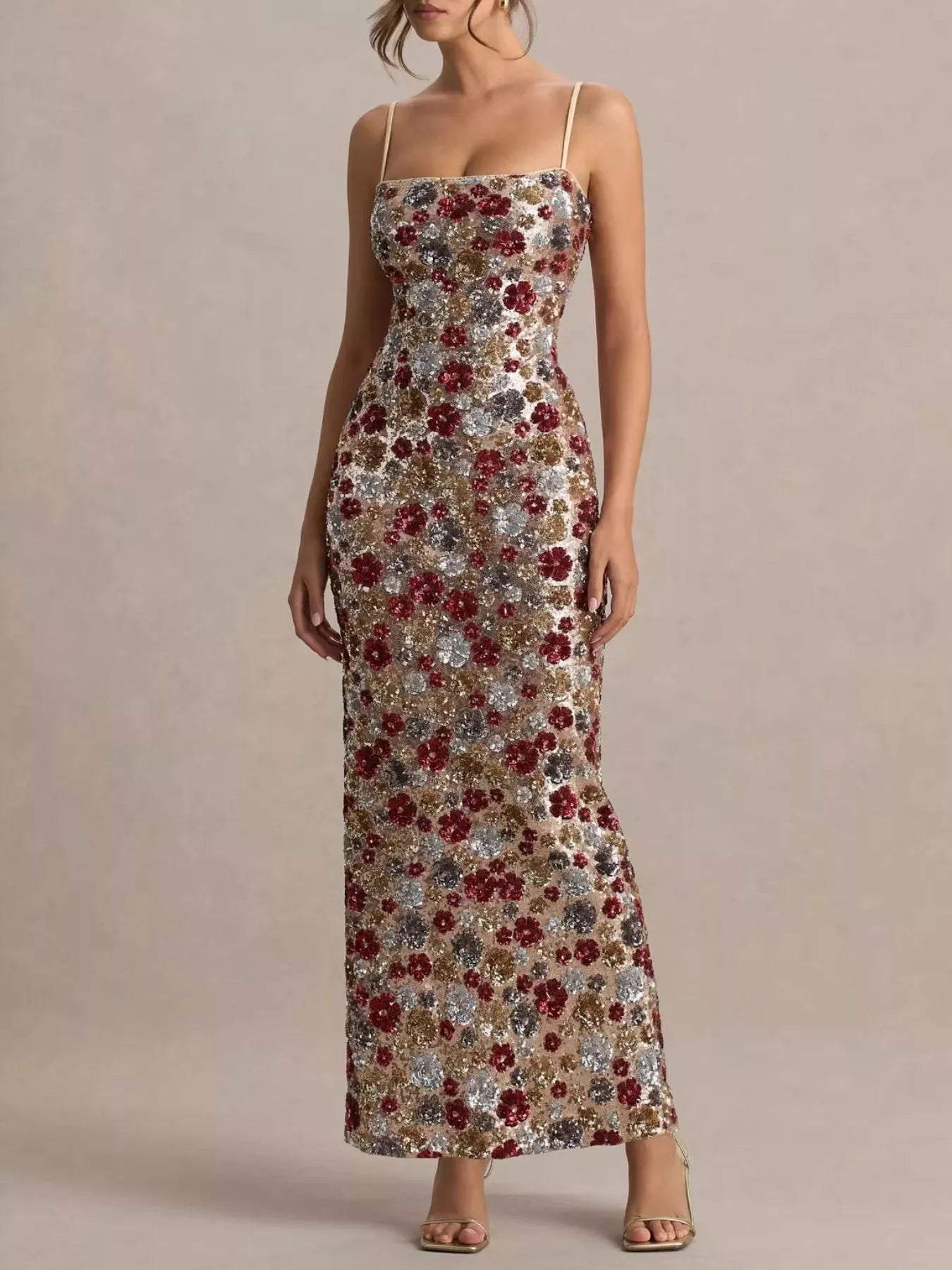 Slit Floral Sequin Bodycon Maxi Dress Secondary image