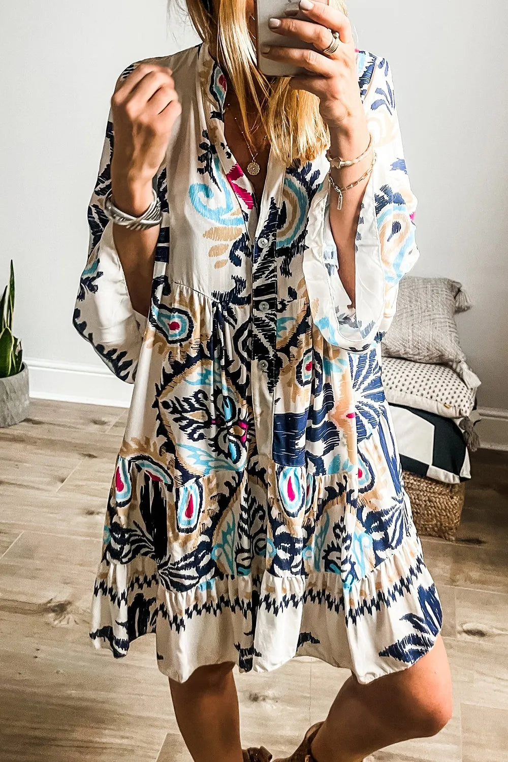 Printed Notched Three-Quarter Sleeve Mini Dress Main image