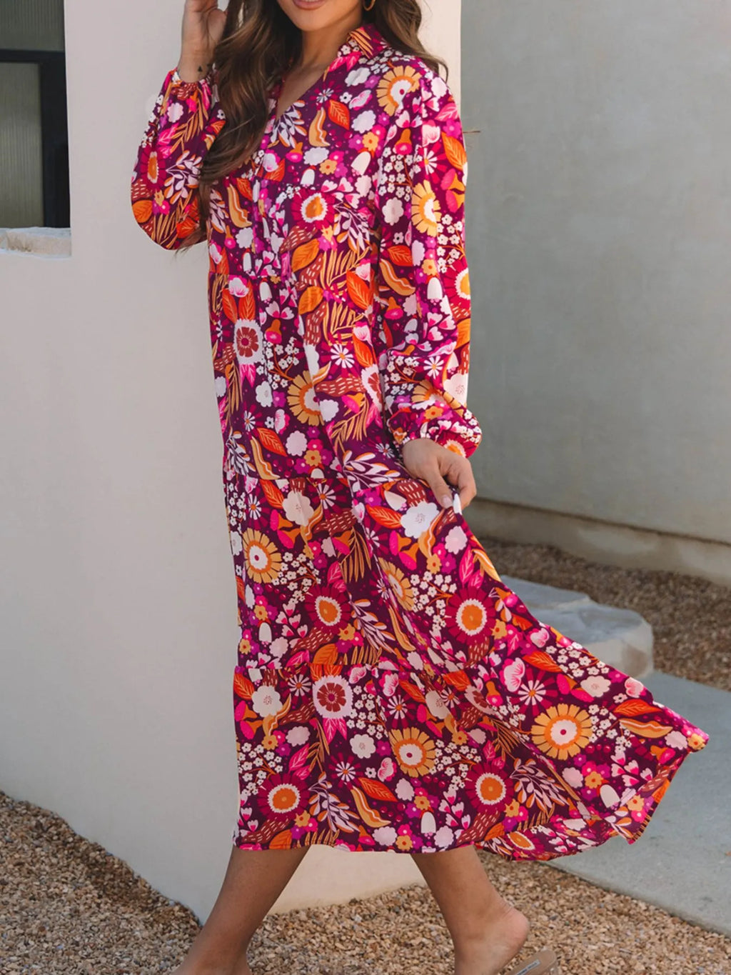 Floral Print Long Sleeve Midi Dress with Pockets - product image 4