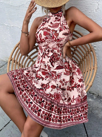 Floral Halter Neck Summer Dress with Belt view 7 - Shopiebay