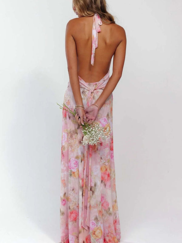 Floral Halter Neck Deep V Maxi Dress view 4 - Shopiebay