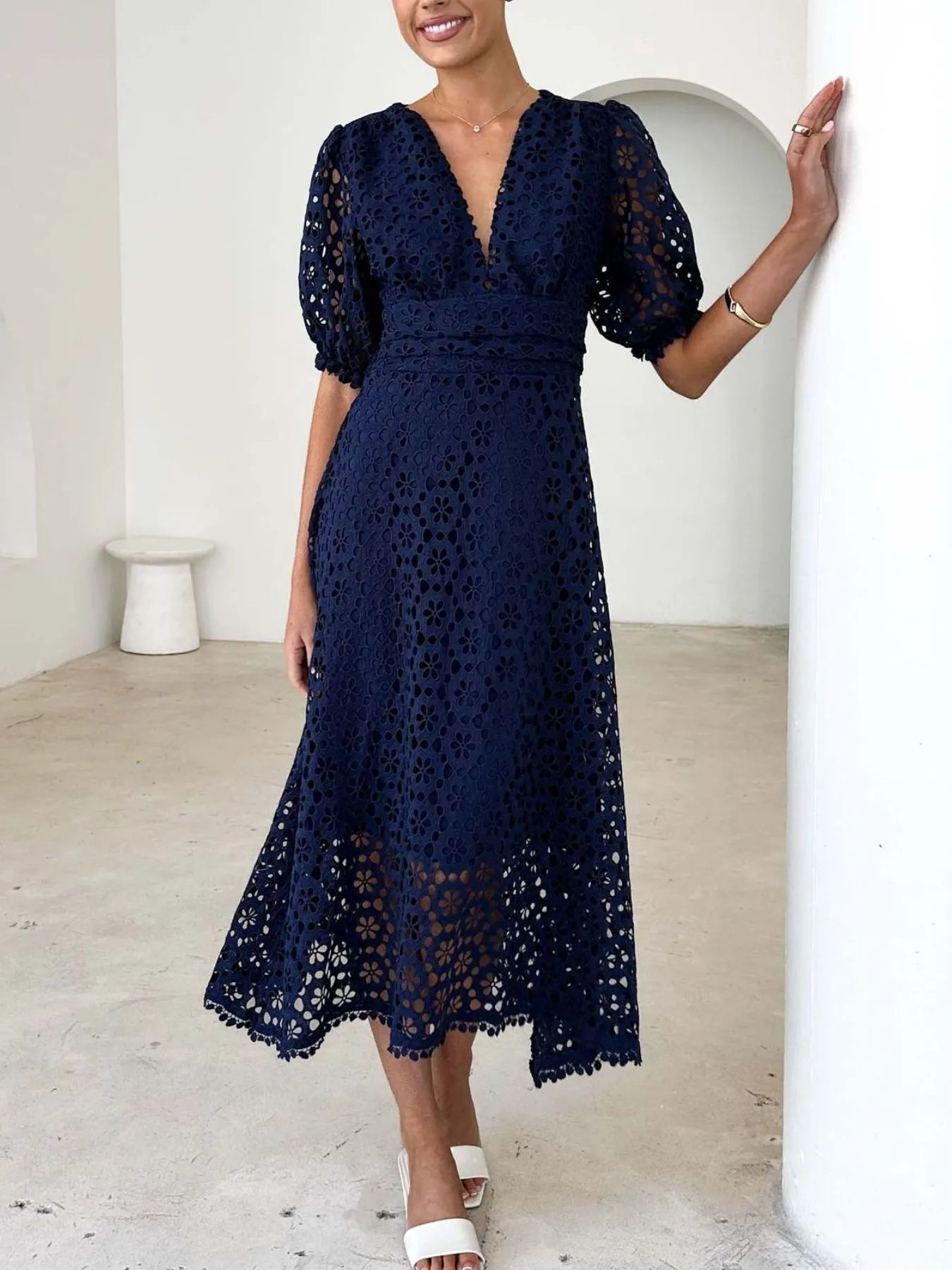 Eyelet Lace V-Neck Midi Dress with Puff Sleeves - product image 21