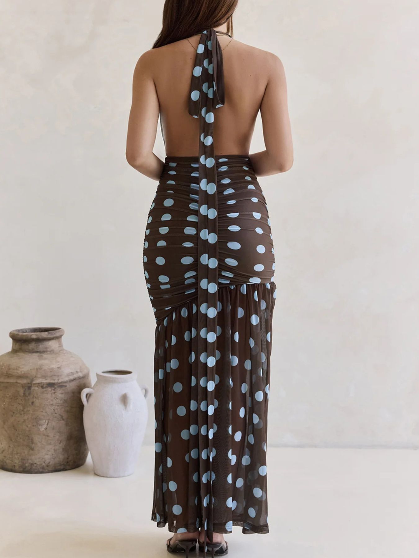 Polka Dot Halter Ruched Maxi Dress view 7 - Shopiebay