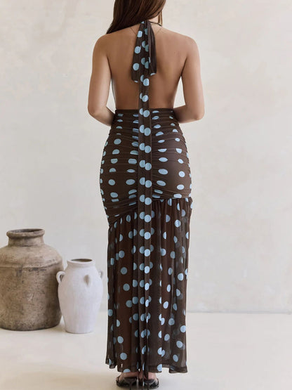 Polka Dot Halter Ruched Maxi Dress view 7 - Shopiebay