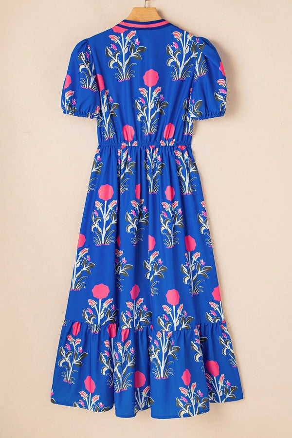 Floral Puff Short Sleeve Notched High Waist Dress - product image 5