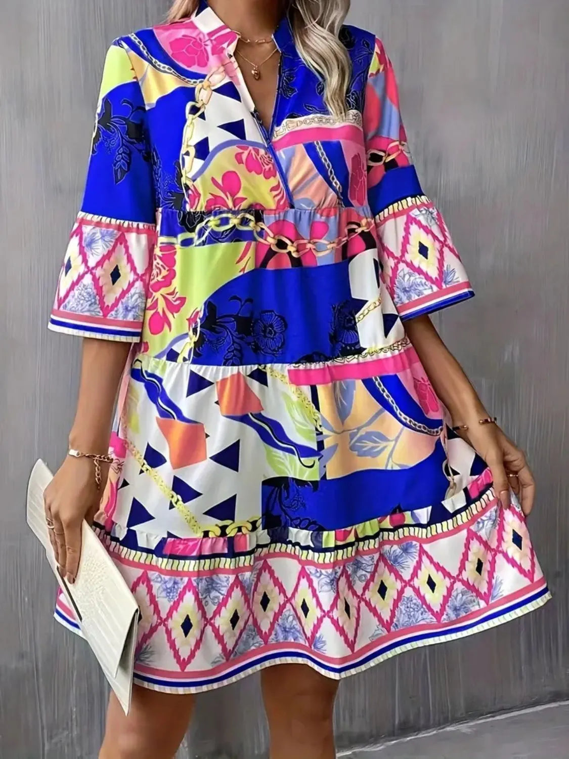 Printed Notched 3/4 Sleeve Tiered Dress view 4 - Shopiebay