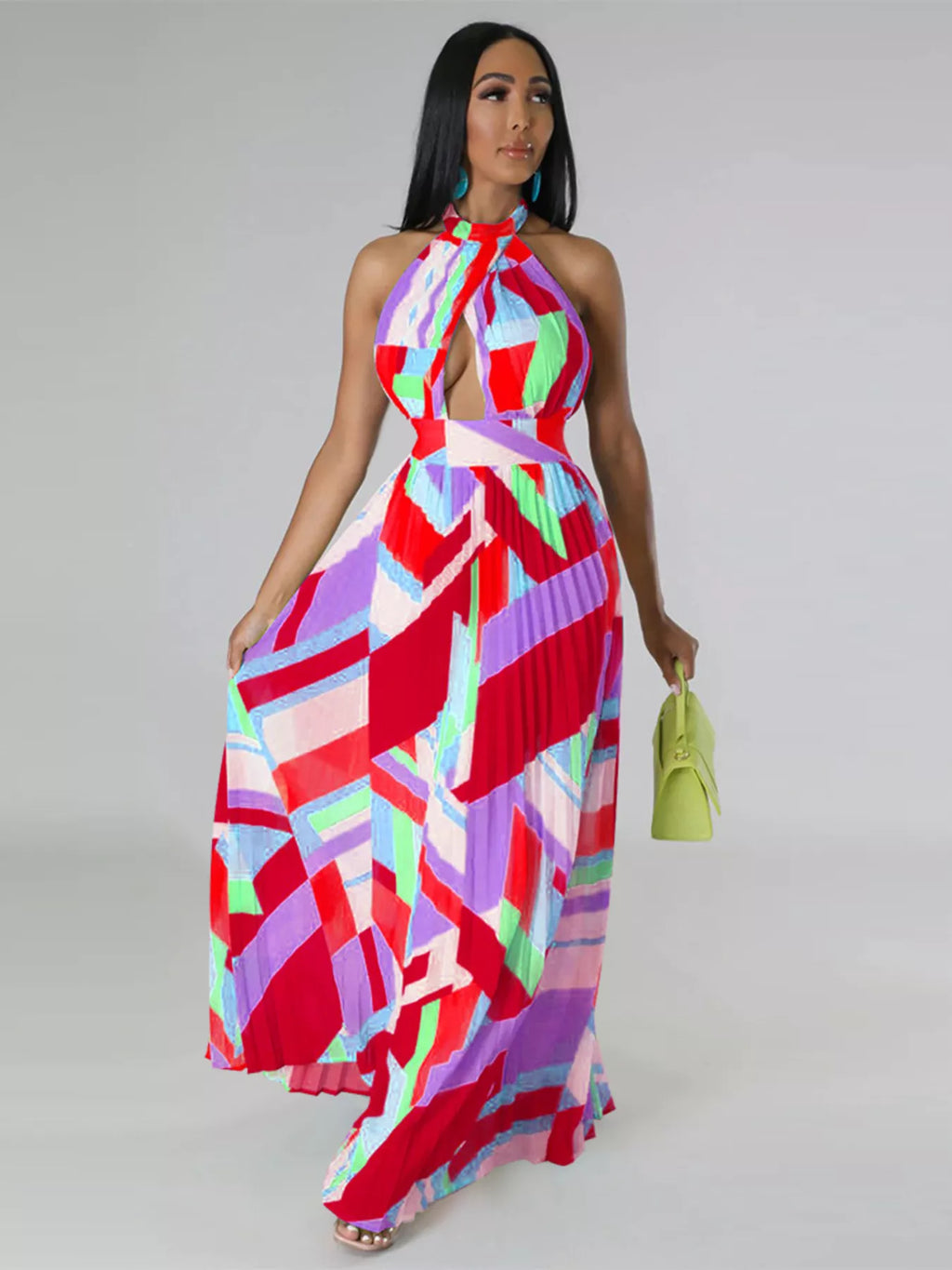 Halter Neck Geometric Print Pleated Maxi Dress - product image 3
