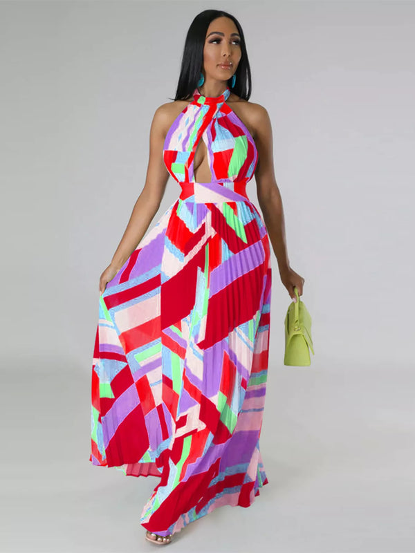 Halter Neck Geometric Print Pleated Maxi Dress - product image 3