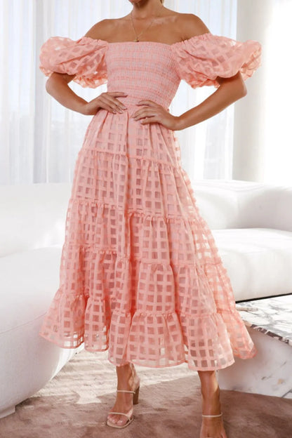 Off Shoulder Short Puff Sleeve Midi Dress view 2 - Shopiebay