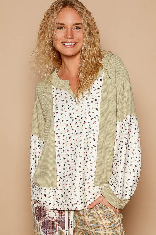 POL Waffle Knit Floral Notched Long Sleeve Top