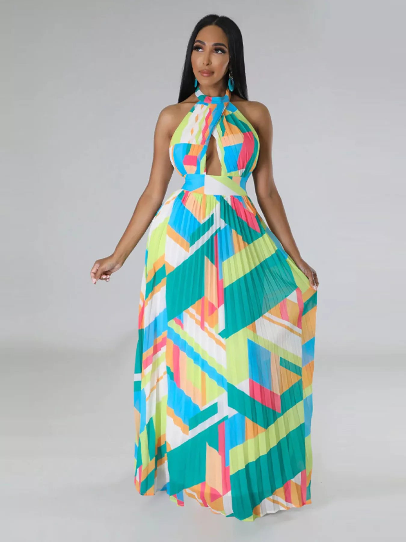 Halter Neck Geometric Print Pleated Maxi Dress - product image 6