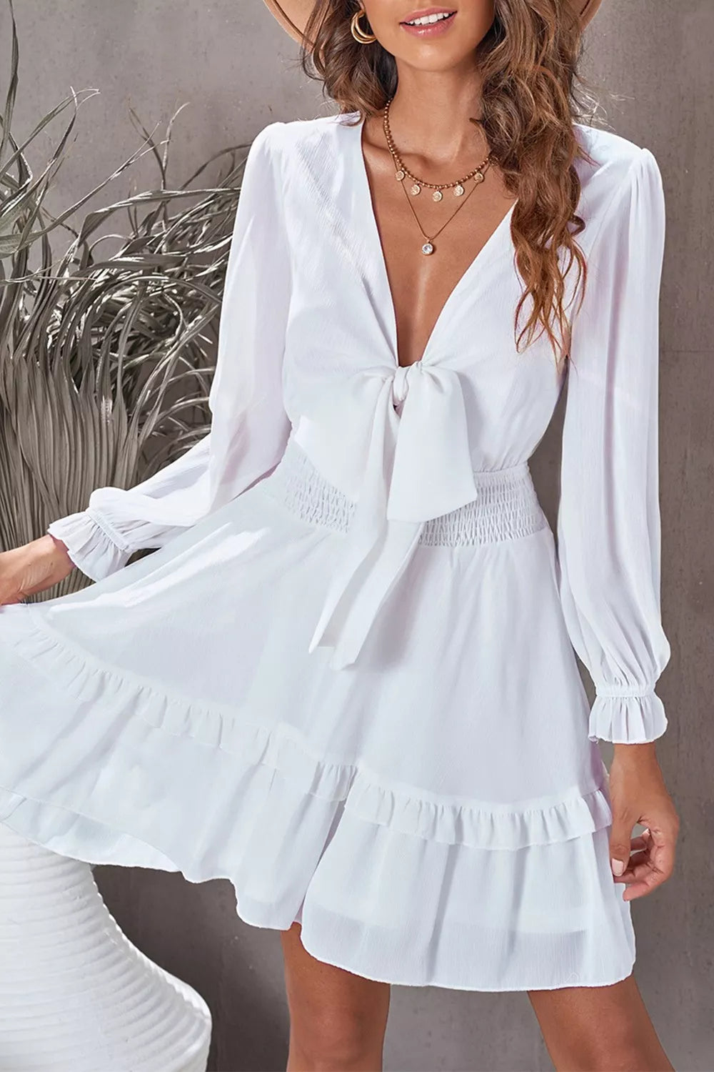 Elegant Tie-Front Ruffle Mini Dress with Smocked Wiast - product image 7