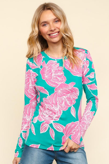 Haptics Full Size Floral Round Neck Long Sleeve T-Shirt