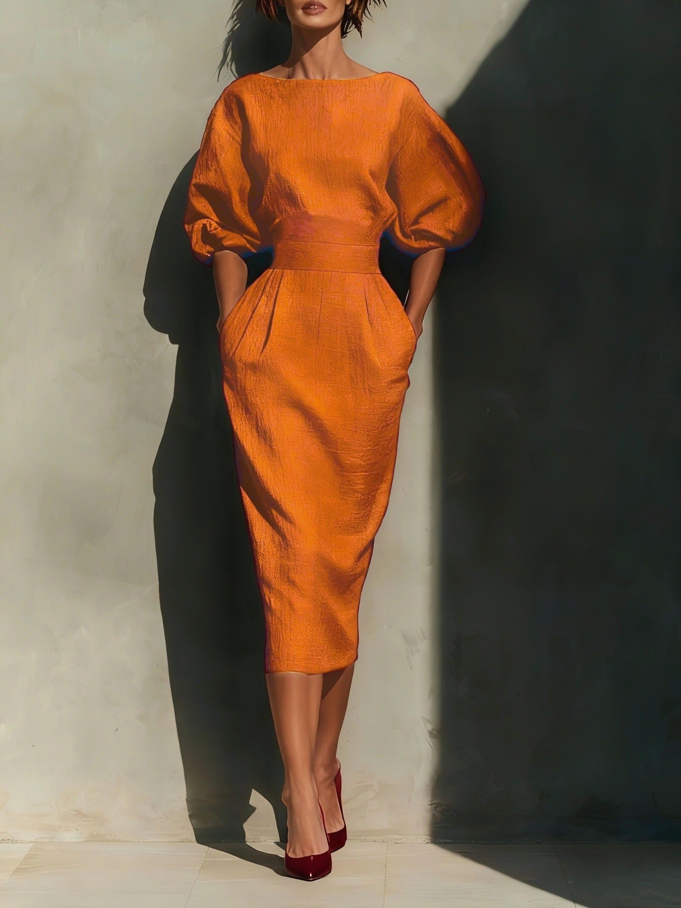 Round Neck Puff Sleeves Midi Dress Main image