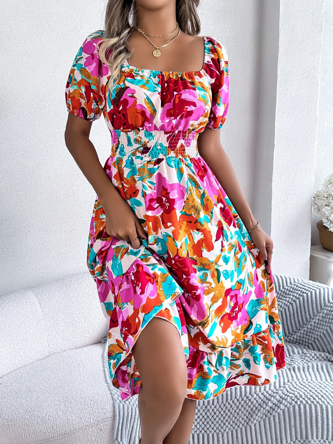 Ruffled Hem Smocked Floral Short Sleeve Midi Dress - product image 5