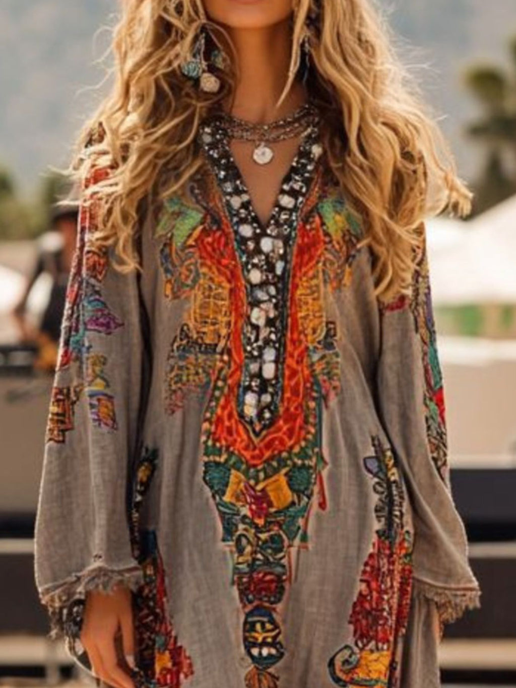 Fringe Hem Notched Long Sleeve Dress - product image 2