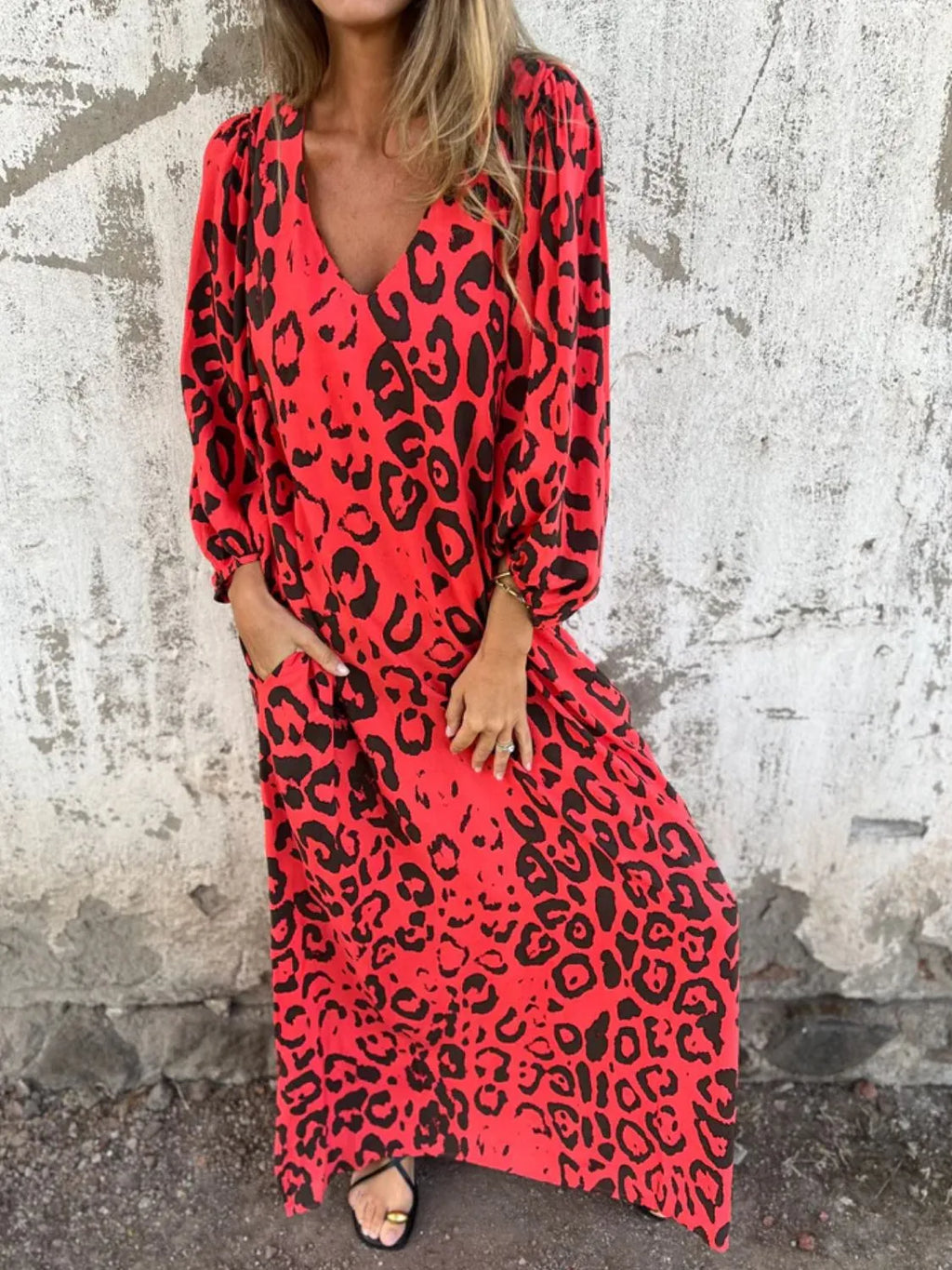 Printed V-Neck Dress with Pockets - product image 31