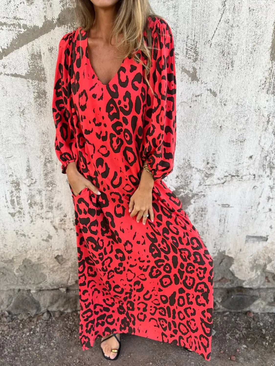 Printed V-Neck Dress with Pockets - product image 31