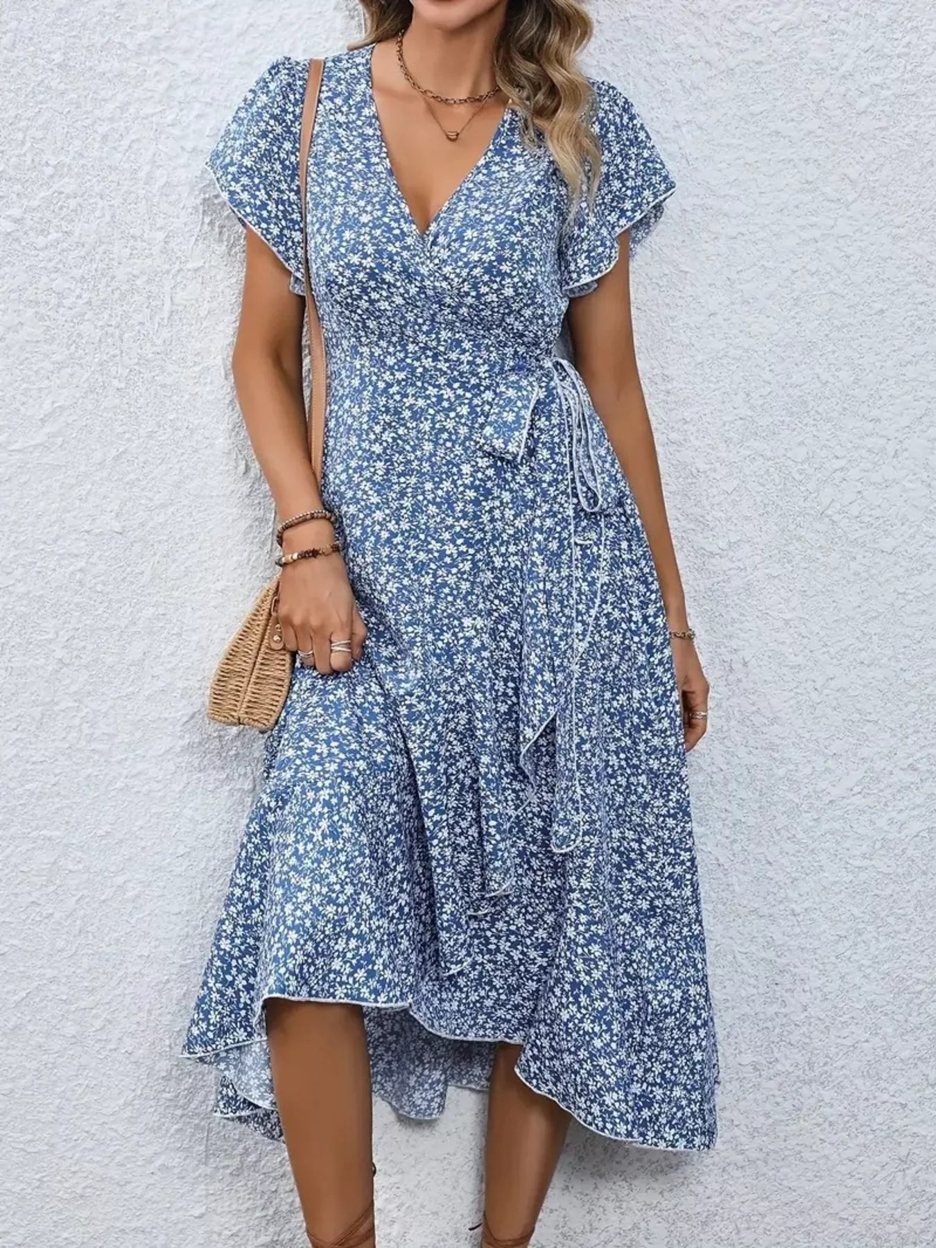 Floral Print Ruffle Hem Wrap Midi Dress - Shopiebay women's boutique
