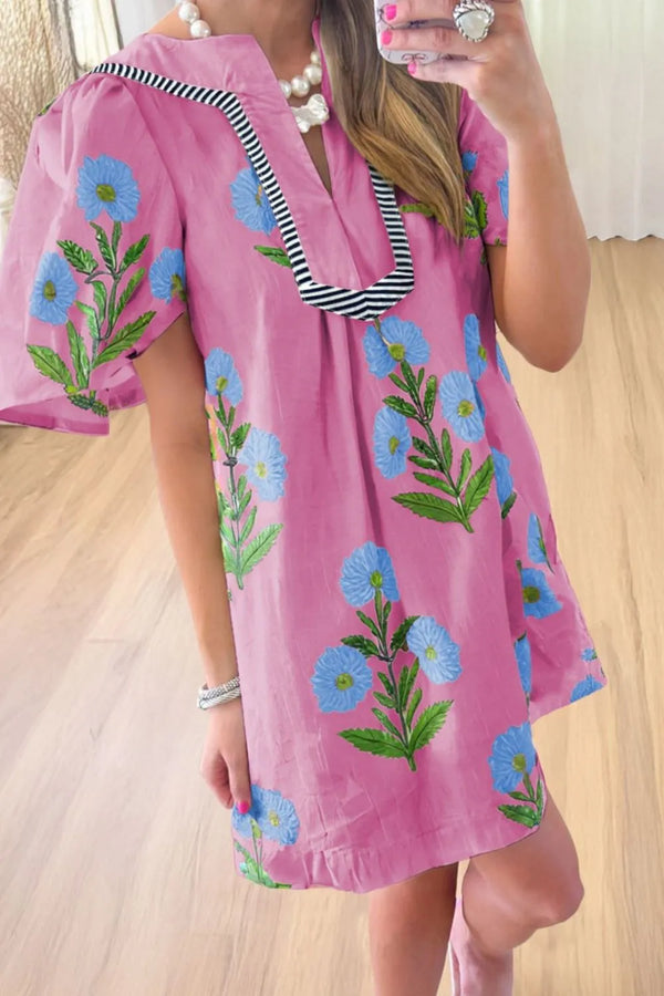 Floral Notched Summer Mini Dress with Striped Trim - product image 4