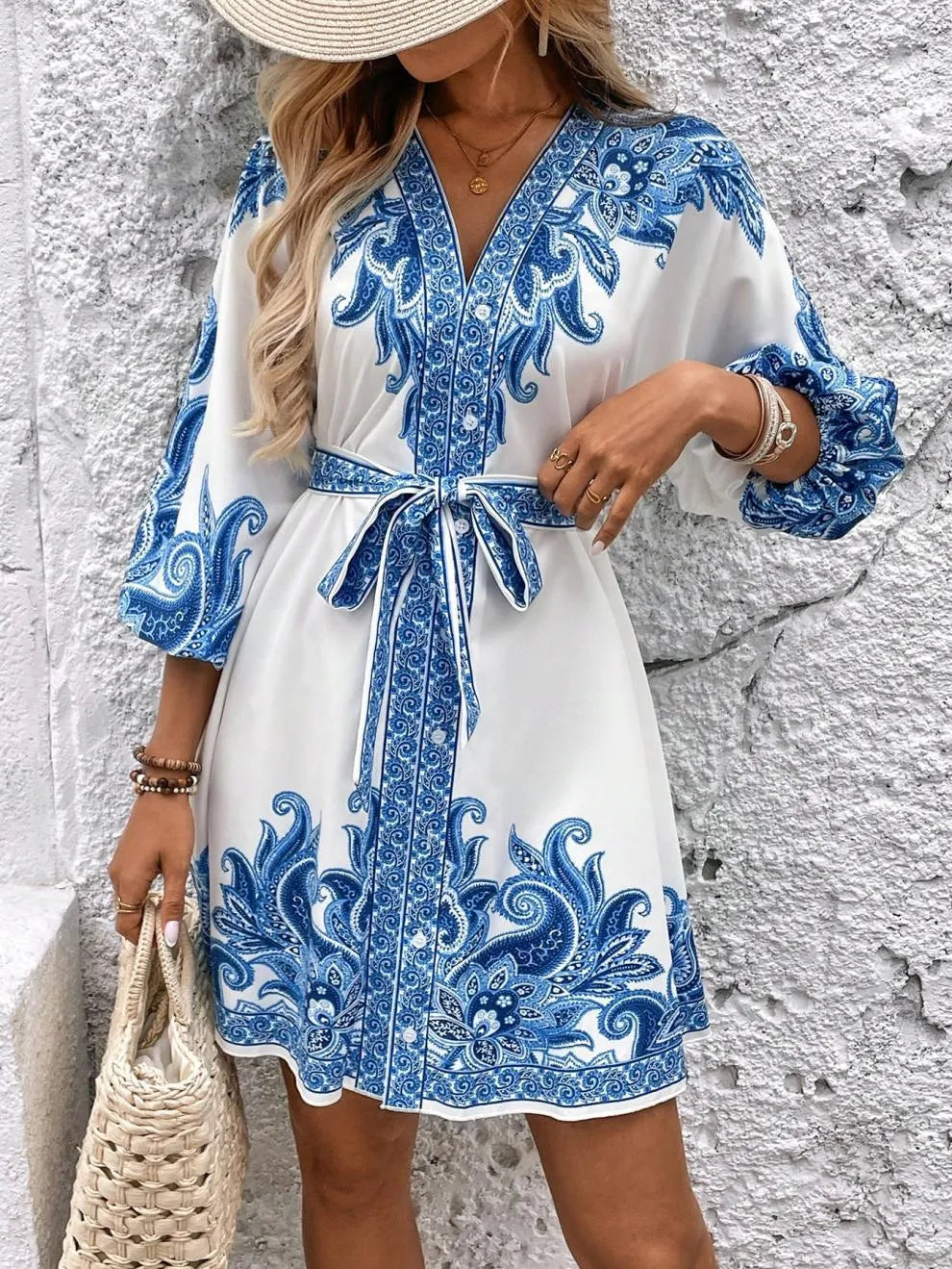 Paisley V-Neck 3/4 Sleeve Mini Dress - product image 5