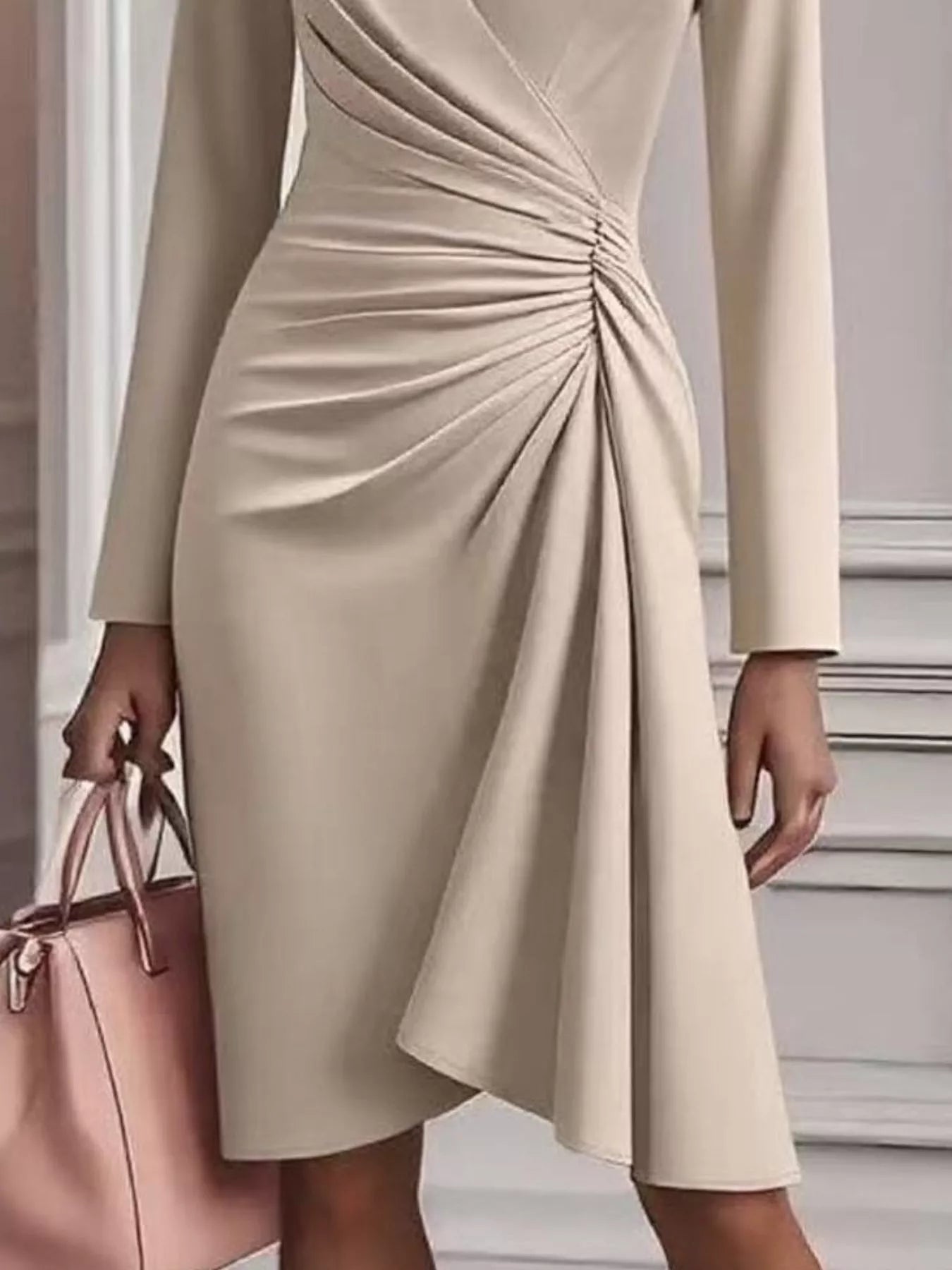 Front Ruched V-Neck Long Sleeve Dress view 3 - Shopiebay