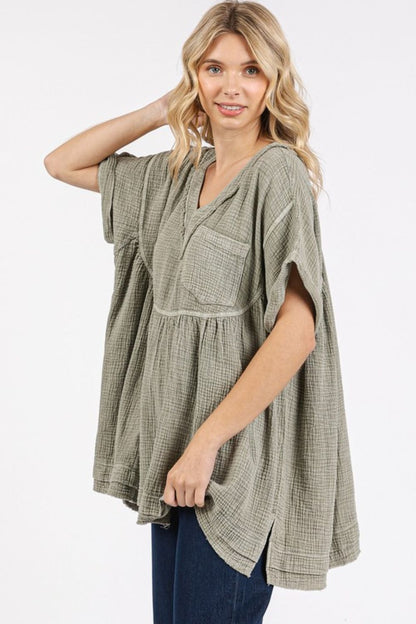 Mittoshop Mineral Wash Gauze Babydoll V-Neck Oversized Blouse