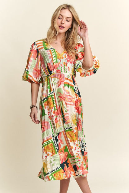 ADORA Floral V-Neck Puff Sleeve Midi Dress