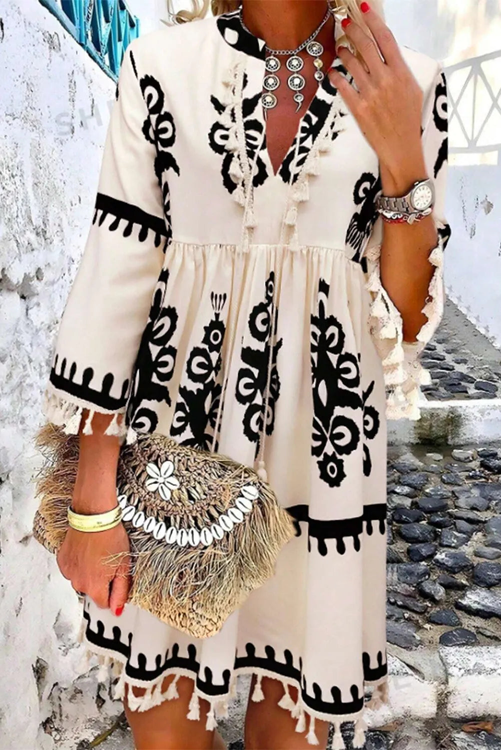 Tassel Printed Three-Quarter Sleeve Mini Dress - Shopiebay women's boutique