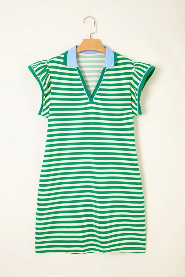 Stripe Print Contrast Collar Split Neck Flutter Sleeve Dress - product image 4