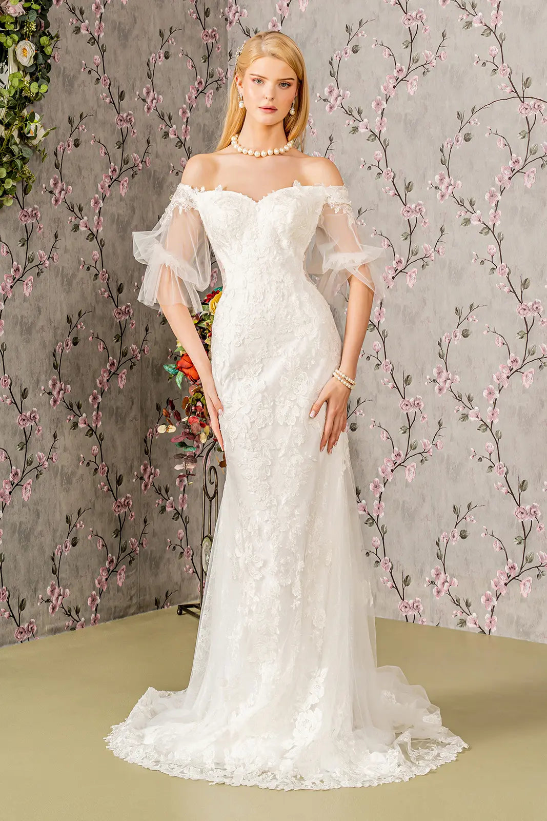 Floral embroidery bead sheer sleeves mesh mermaid wedding gown GLGL3479 Secondary image