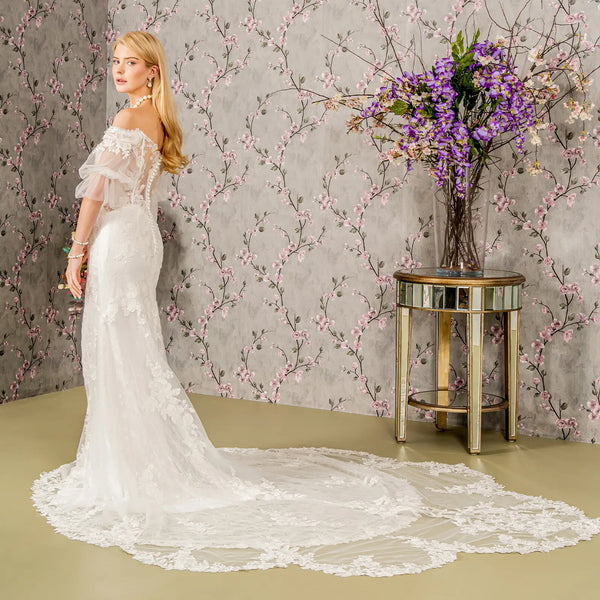 Floral embroidery bead sheer sleeves mesh mermaid wedding gown GLGL3479