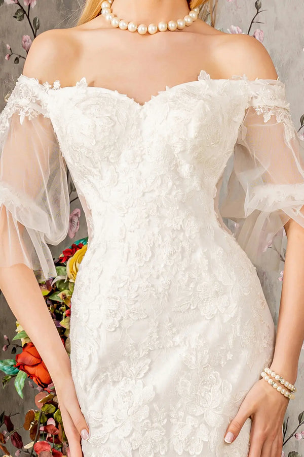 Floral embroidery bead sheer sleeves mesh mermaid wedding gown GLGL3479