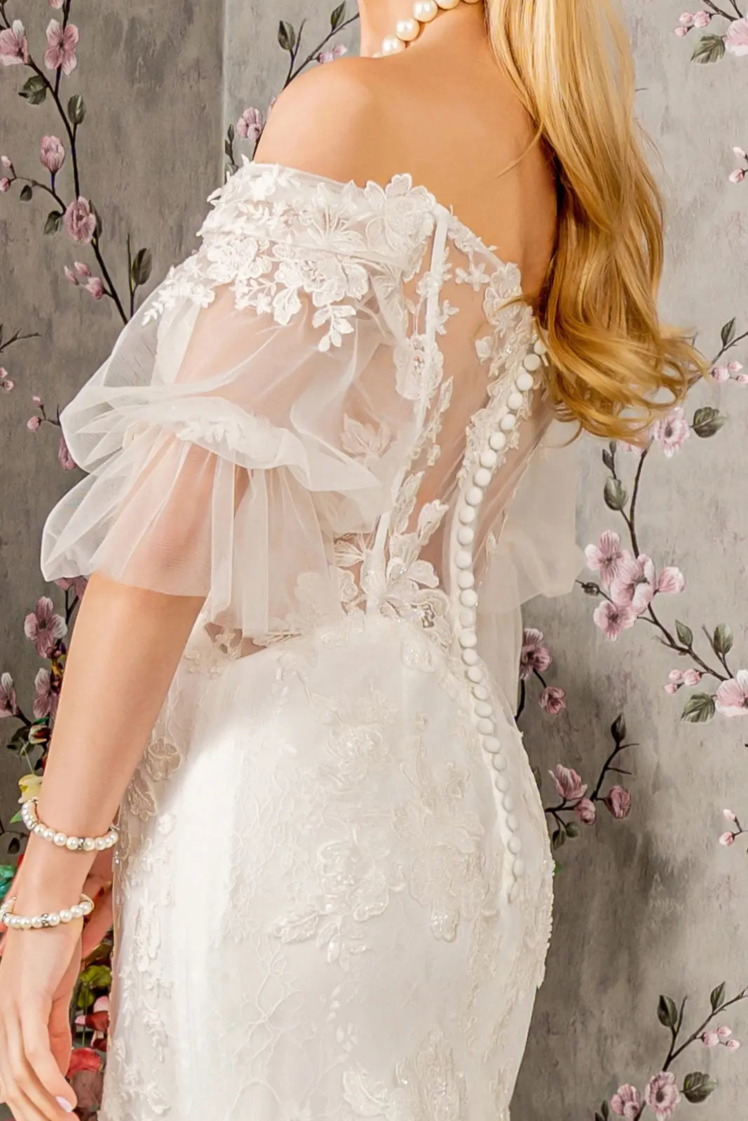Floral embroidery bead sheer sleeves mesh mermaid wedding gown GLGL3479