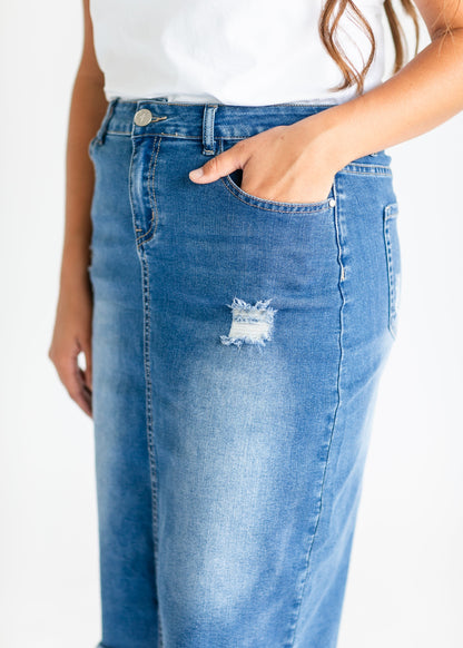 Hadley High Rise Denim Midi Skirt