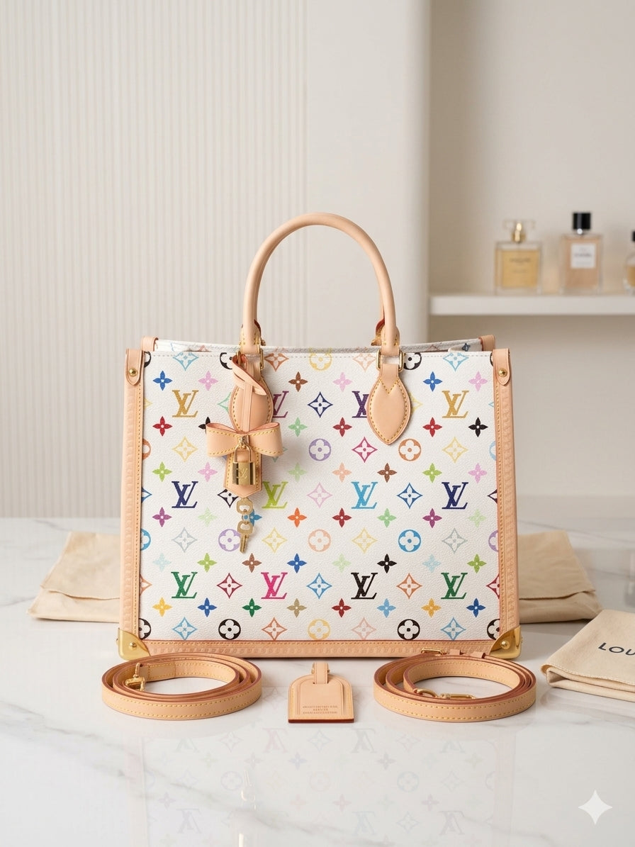Multicolor Monogram Canvas Tote Handbag for Women – Structured Top Handle Shoulder Bag