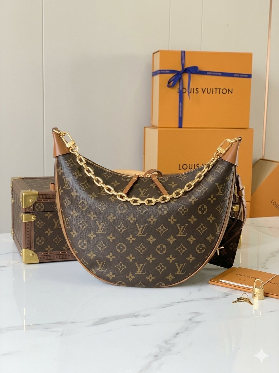 Women's Crescent Shoulder Bag with Gold Chain & Adjustable Strap