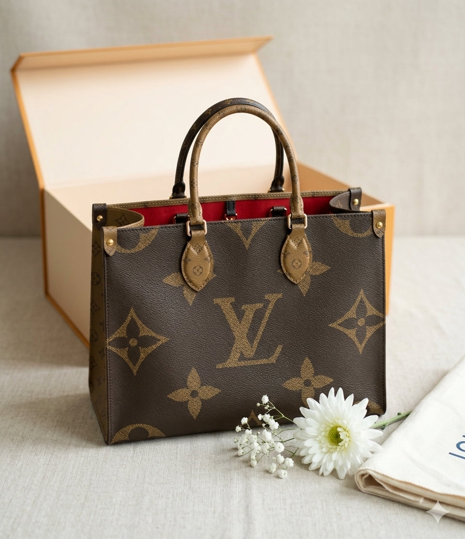 Monogram Structured Tote Bag – Brown & Gold Top Handle Handbag Main image