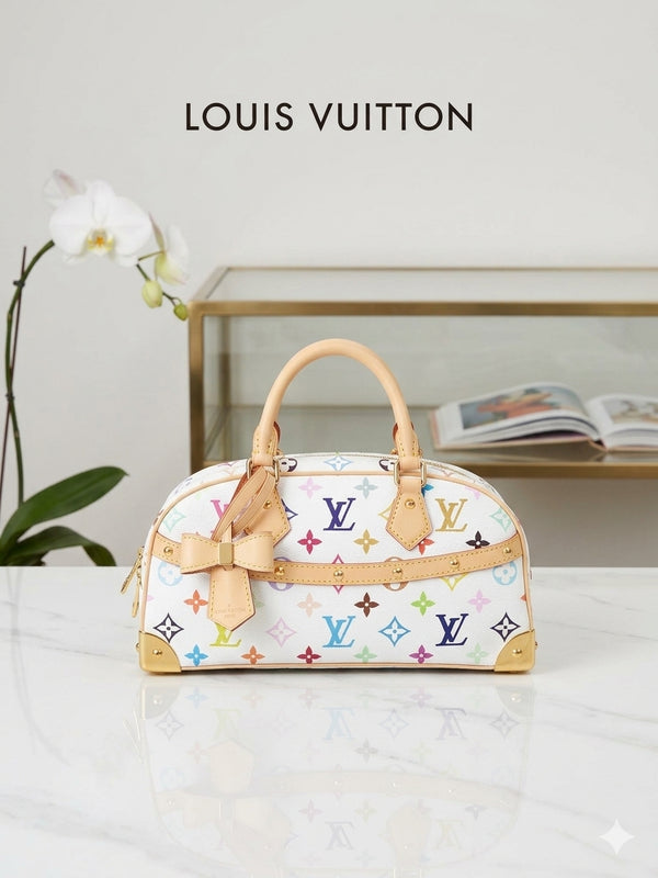 Multicolor Monogram Structured Top Handle Handbag with Shoulder Strap