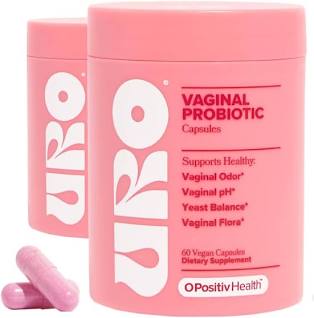 Pink container of Opositiv Health vaginal probiotic capsules with text on a white background