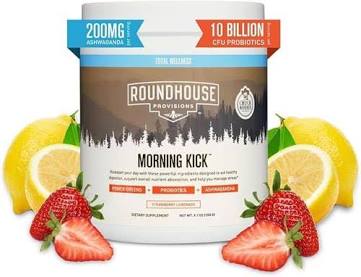 Roundhouse Provisions Morning Kick Powder – Strawberry Lemonade, Greens, Probiotics & Ashwagandha, 30-Day Supply, 258 g